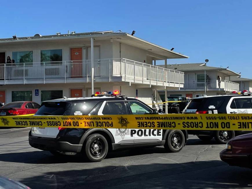 Las Vegas police investigate a homicide around the 100 block of East Tropicana Avenue, near Kov ...