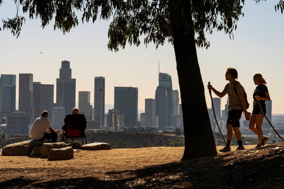 People overlook the skyline of Los Angeles in January 2021. (AP Photo/Damian Dovarganes)