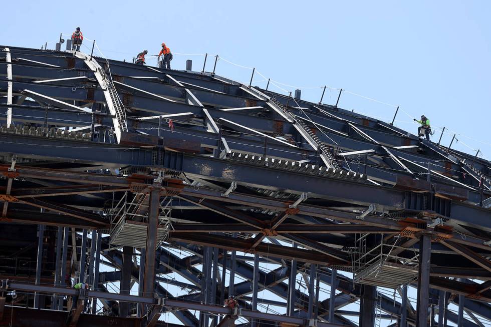 Workers at the MSG Sphere at the Venetian as the structure begins to take shape with the instal ...