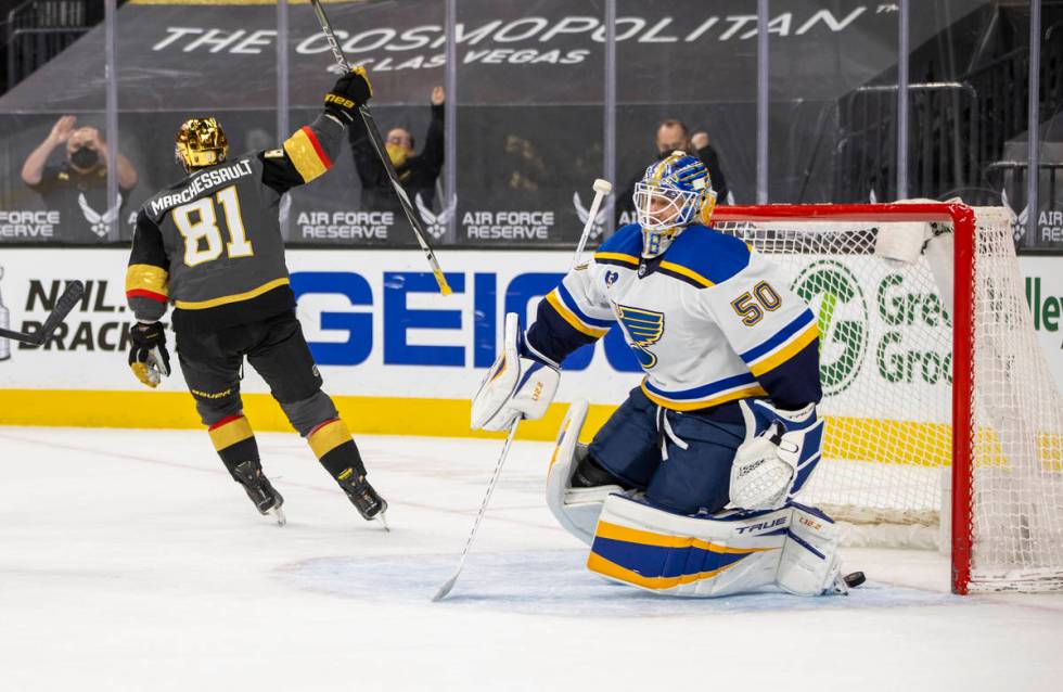 Golden Knights center Jonathan Marchessault (81) scores on St. Louis Blues goaltender Jordan Bi ...