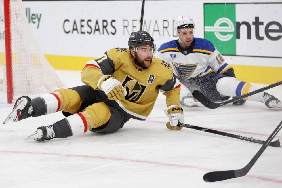 Vegas Golden Knights defenseman Alex Pietrangelo (7) and St. Louis Blues left wing Zach Sanford ...