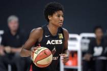 Las Vegas Aces forward Angel McCoughtry sets up a play during the first half of Game 5 of a WNB ...