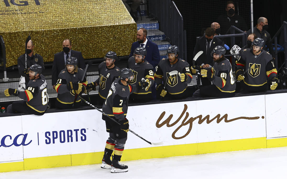 Golden Knights' Alex Pietrangelo (7) celebrates with the bench after his goal against Colorado ...