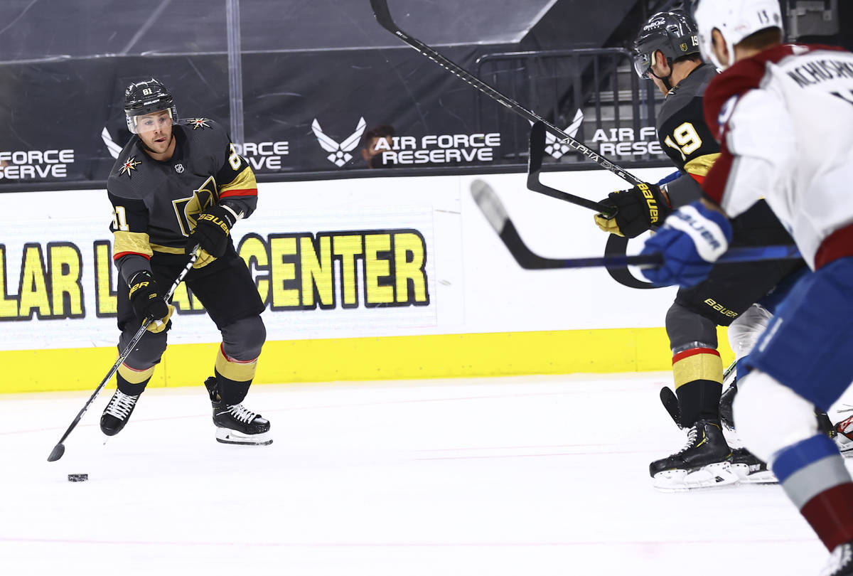 Golden Knights' Jonathan Marchessault (81) looks to shoot against Colorado Avalanche during the ...