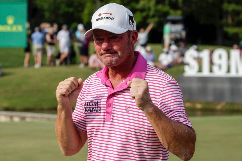 Alex Cejka, of Germany, reacts after defeating Steve Stricker on the first hole of a playoff af ...