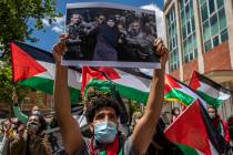 Protesters shout slogans and wave Palestinian flags in support of Palestinians during the lates ...