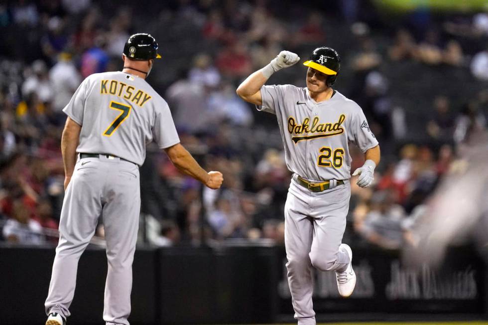 Oakland Athletics' Matt Chapman (26) celebrates his home run against the Arizona Diamondbacks w ...