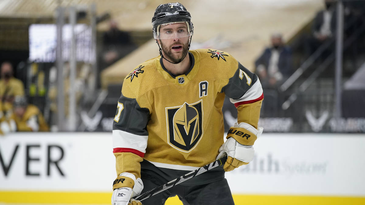 Vegas Golden Knights defenseman Alex Pietrangelo (7) plays against the Colorado Avalanche in an ...