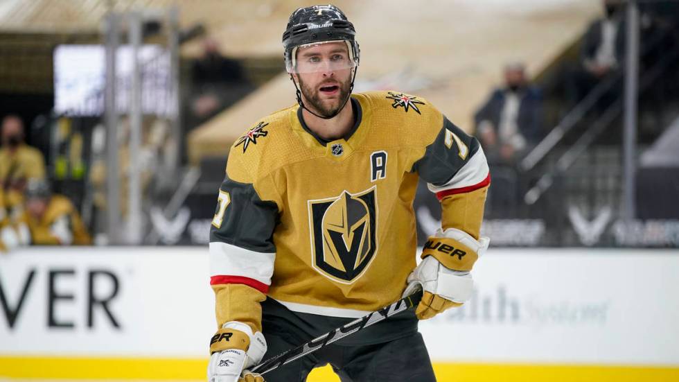 Vegas Golden Knights defenseman Alex Pietrangelo (7) plays against the Colorado Avalanche in an ...