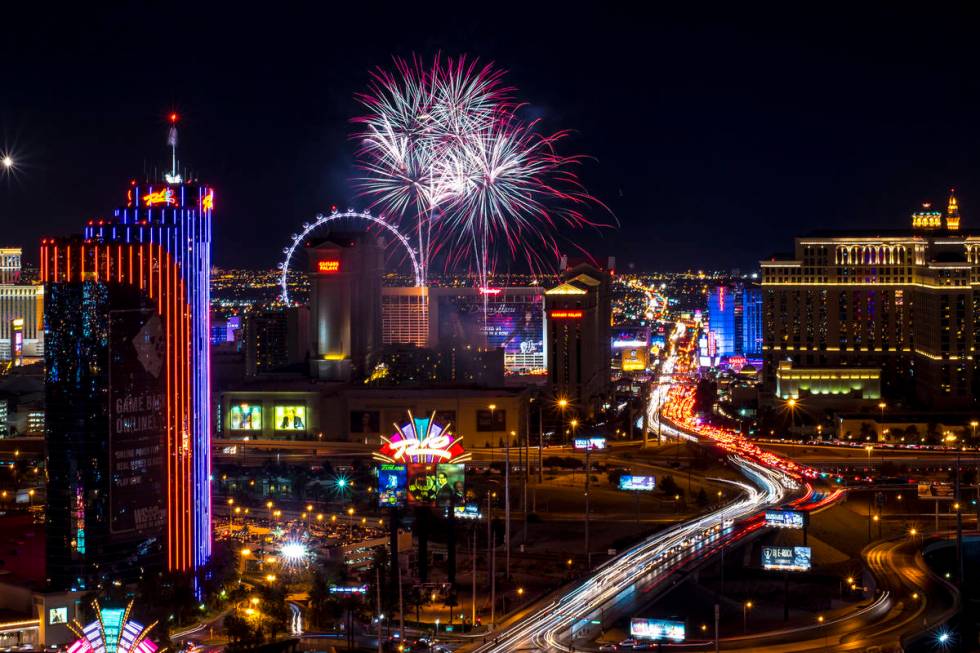 Fireworks explode over the Strip in Las Vegas as seen from ghostbar at the Palms hotel-casino o ...