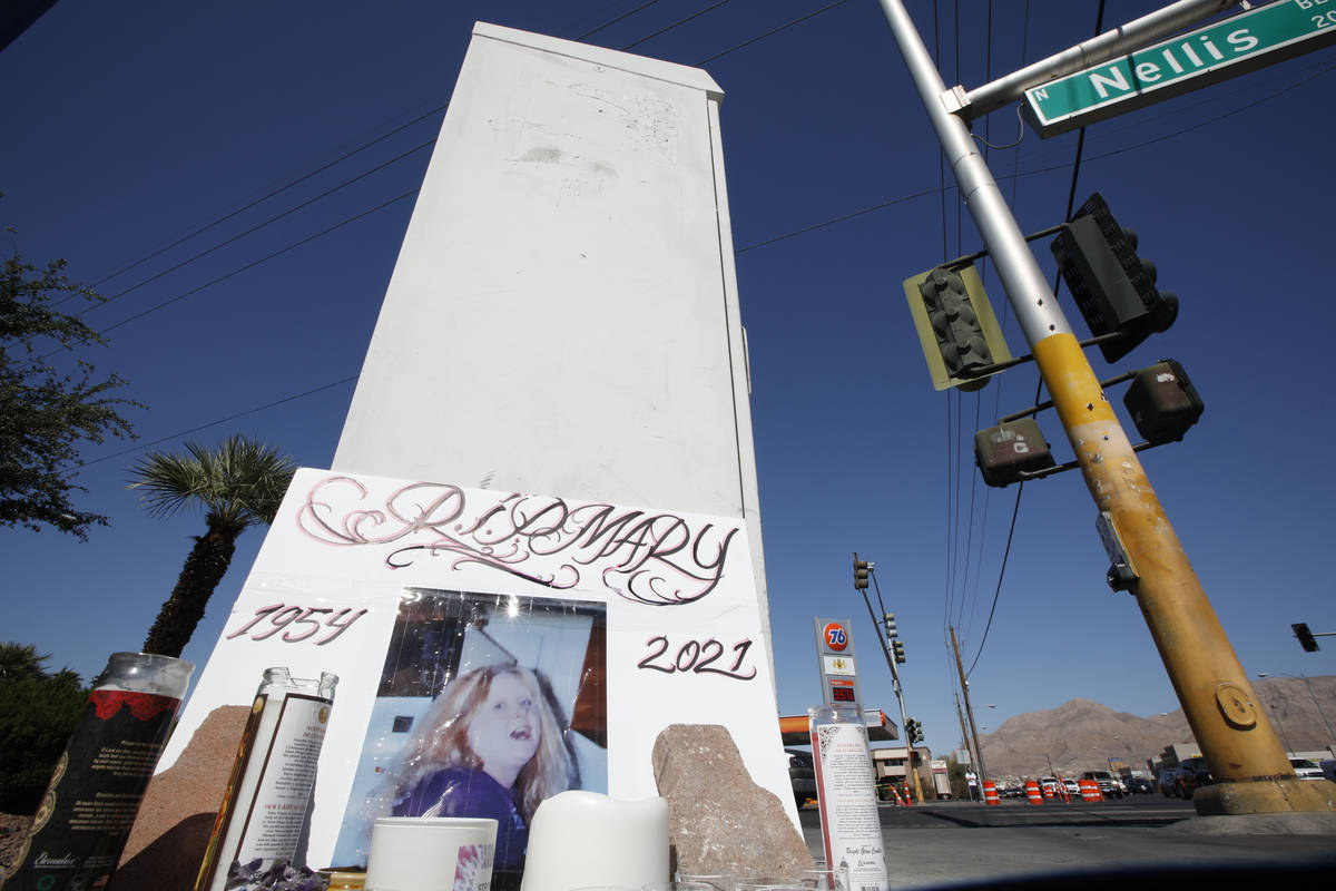 A makeshift memorial is seen at the intersection of North Nellis Boulevard and East Lake Mead P ...