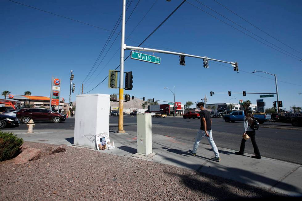 A makeshift memorial is seen at the intersection of North Nellis Boulevard and East Lake Mead P ...