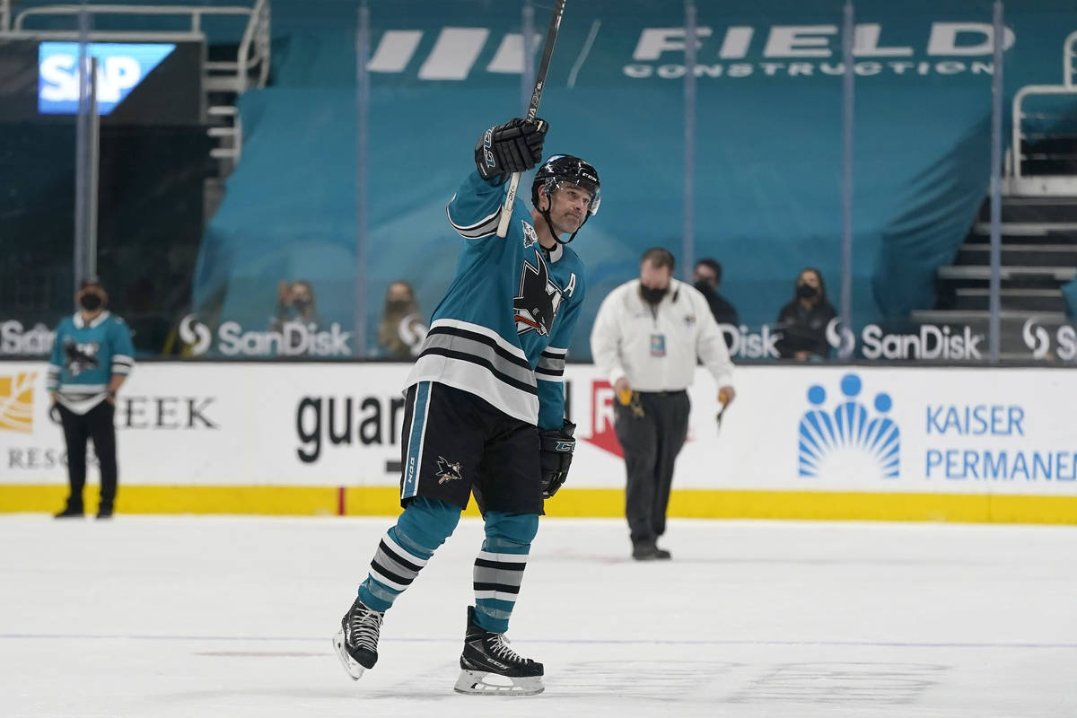 San Jose Sharks center Patrick Marleau waves to fans after the Vegas Golden Knights defeated th ...