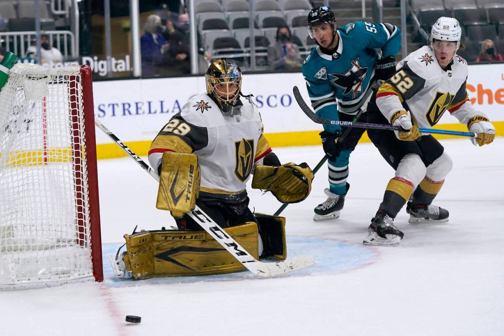 Vegas Golden Knights goaltender Marc-Andre Fleury (29) watches the puck during the third period ...