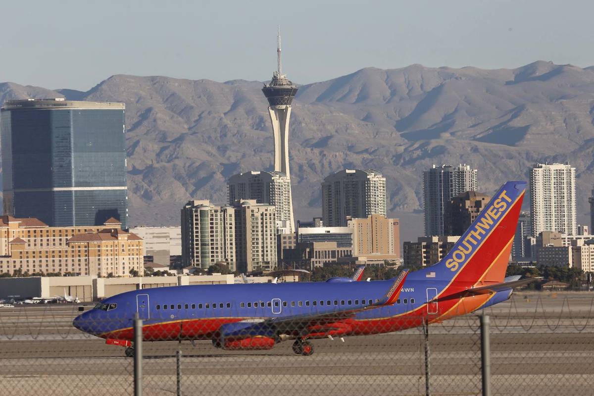 A Southwest Airlines plane taxis after landing at McCarran International Airport in 2017 in Las ...