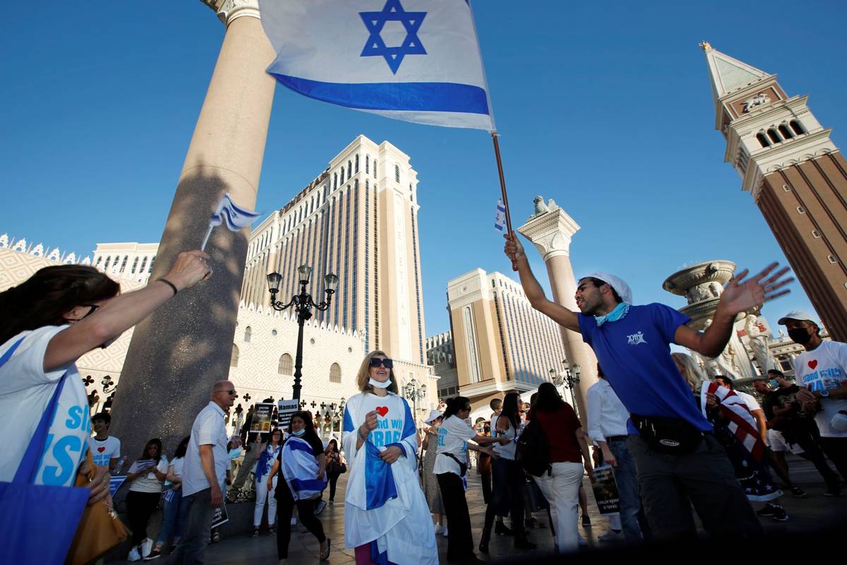 Pro-Israel demonstrators gather outside The Venetian on the Las Vegas Strip, Wednesday, May 12, ...