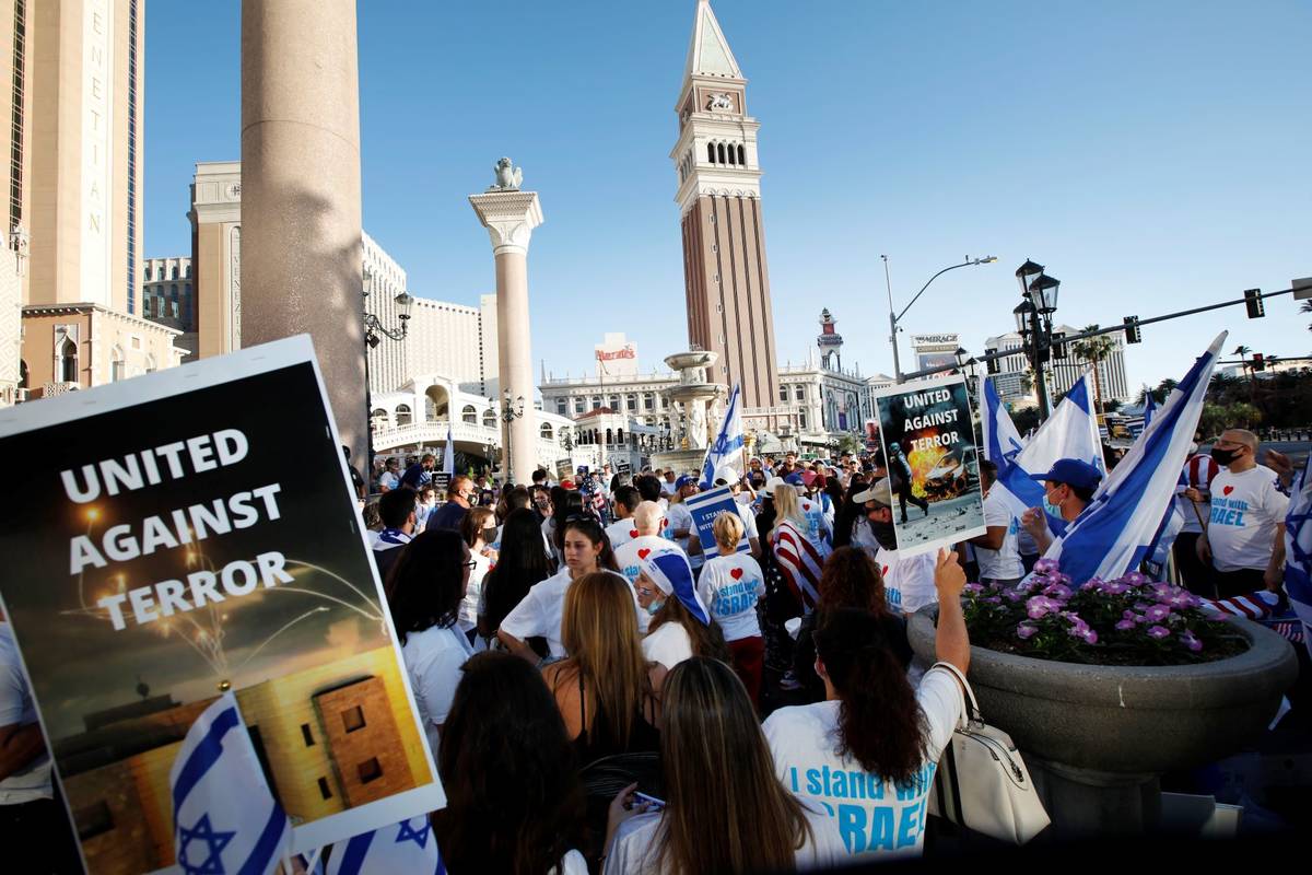 Pro-Israel demonstrators gather outside The Venetian on the Las Vegas Strip, Wednesday, May 12, ...