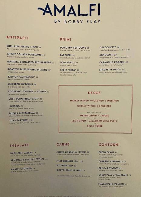 The opening night dinner menu at Amalfi in Caesars Palace. (Al Mancini/Las Vegas Review-Journal)