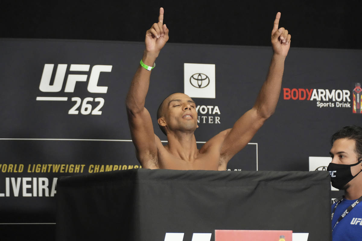 Edson Barboza jumps on the scale for the UFC 262 Official Weigh-in on May 14, 2021, at Marriott ...