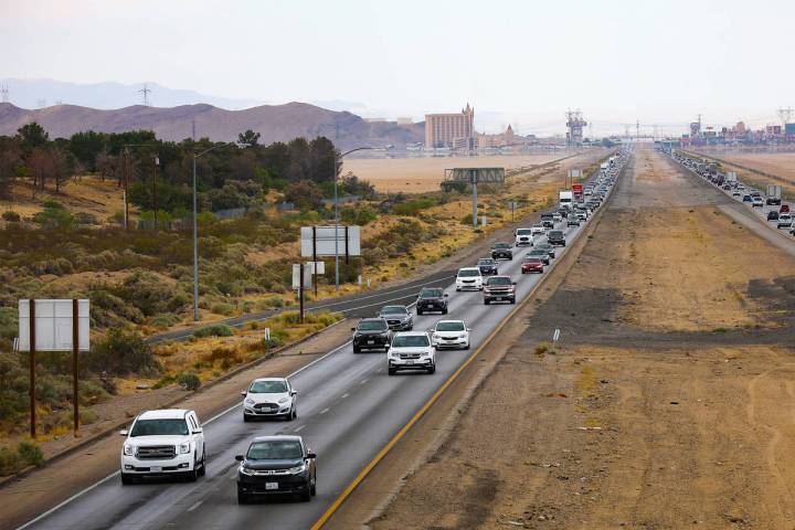 Traffic heading southbound on I-15, Sunday, May 16, 2021 outside Primm, Nev. (Rachel Aston/Las ...