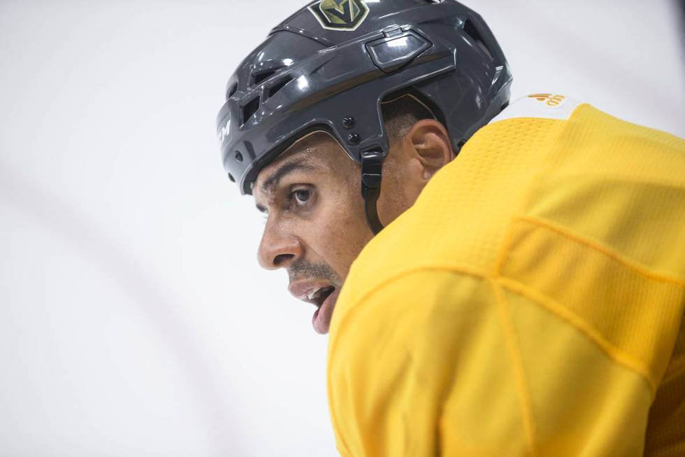Golden Knights Ryan Reaves takes a breather during practice on Wednesday, Oct. 3, 2018, at City ...