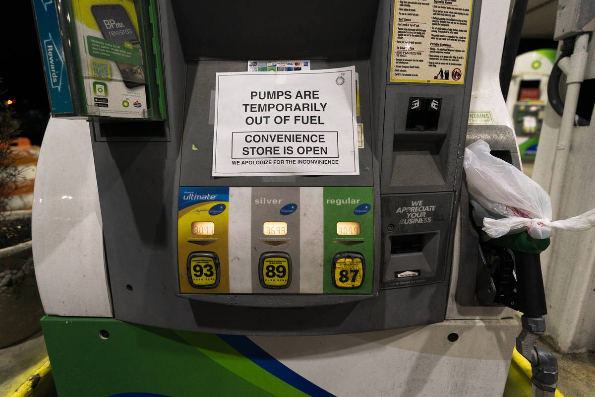 A gas pump at a gas station in Silver Spring, Md., is out of service, notifying customers they ...