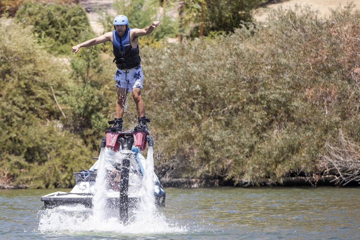Ali Schempp tries out the Flyboard Experience at Lake Las Vegas on Saturday, May 15, 2021 in He ...