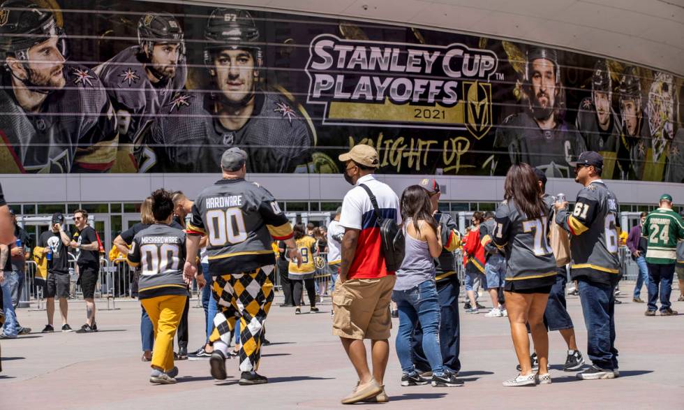 Golden Knights begin to trickle in before the first period of an NHL playoff game at the T-Mobi ...