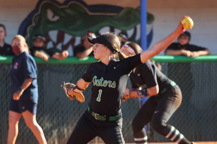 Green Valley's Avari Morris (1) pitches a strike to win the game against Coronado in the sevent ...
