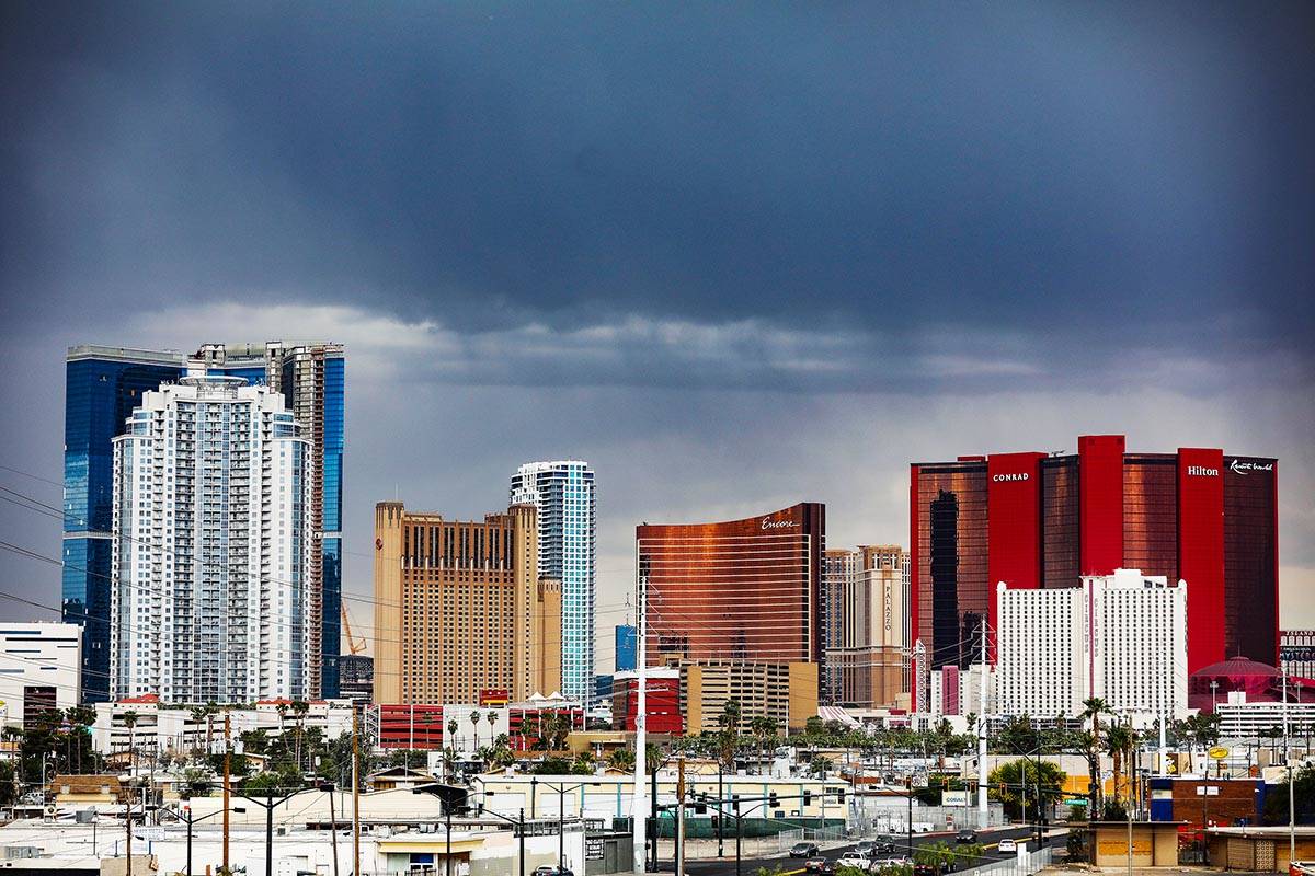 Storm clouds above the Las Vegas Strip Sunday, May 16, 2021. Isolated thunderstorms are expecte ...