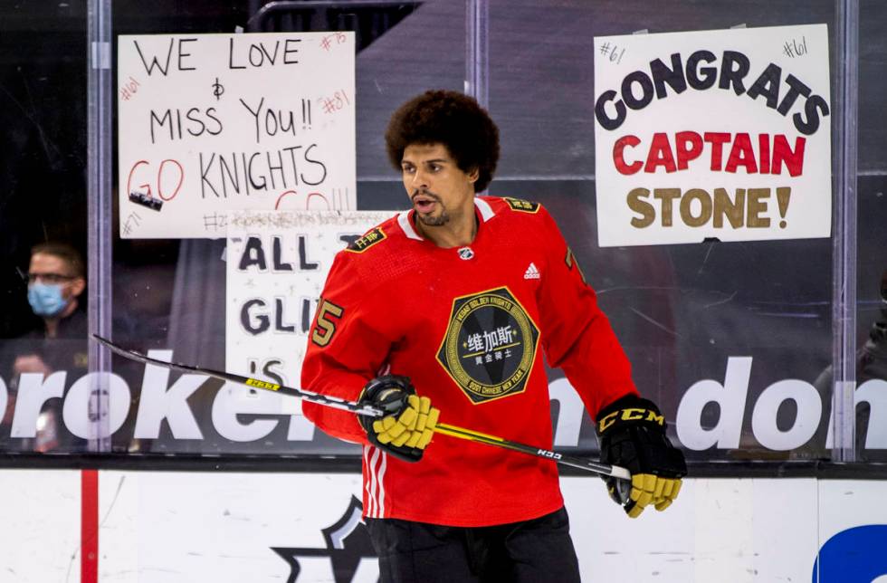 Golden Knights right wing Ryan Reaves (75) keeps a puck in the air during warm ups before the f ...