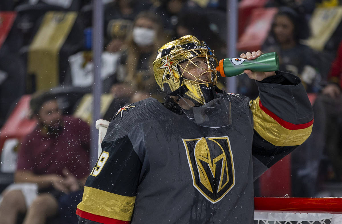 Golden Knights goaltender Marc-Andre Fleury (29) cools off on a break versus the Minnesota Wild ...