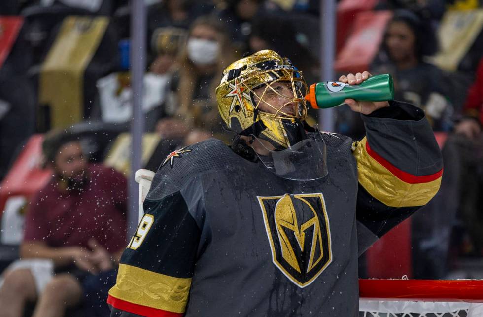 Golden Knights goaltender Marc-Andre Fleury (29) cools off on a break versus the Minnesota Wild ...