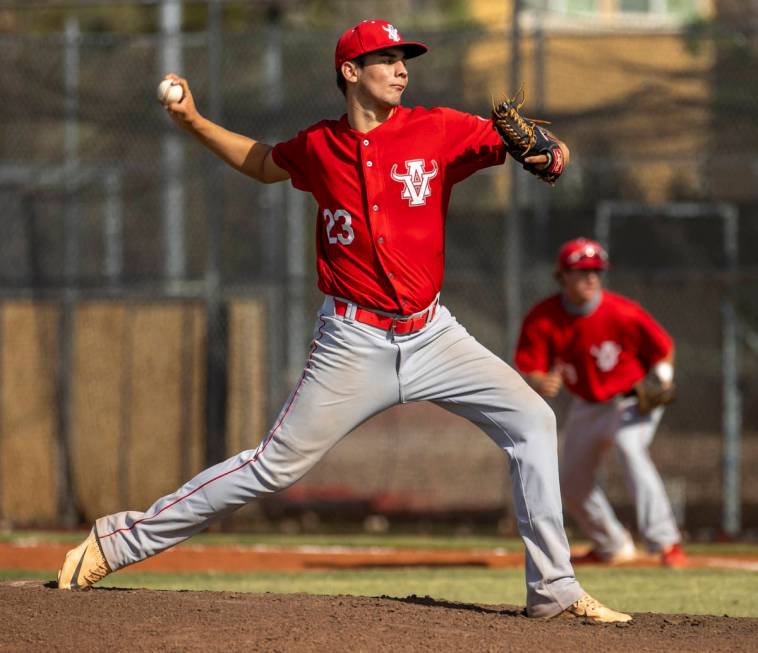 Arbor View pitcher Hunter Kublick (23) winds up on the mound versus Liberty during the first in ...