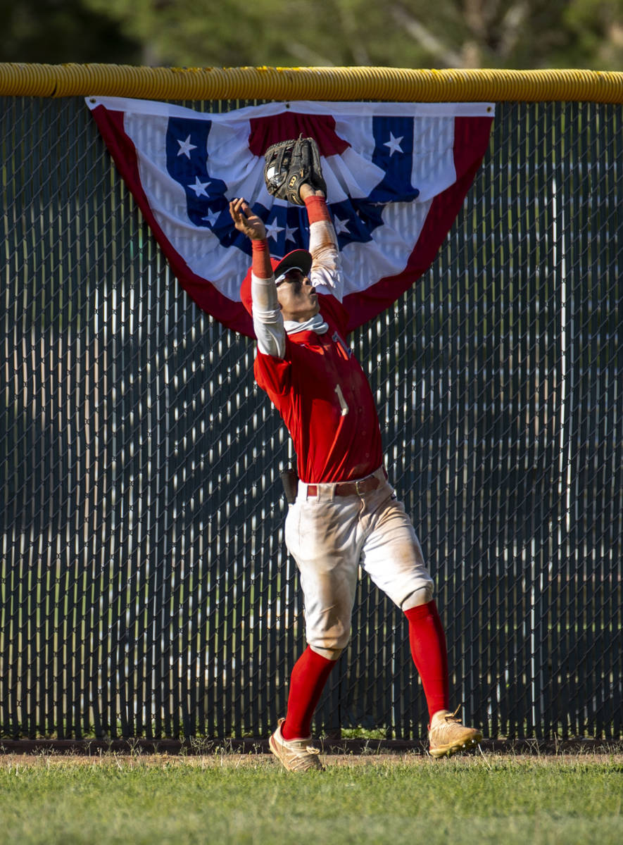 Liberty outfielder Bret Matson (1) goes deep for an out versus Arbor View during the fourth inn ...