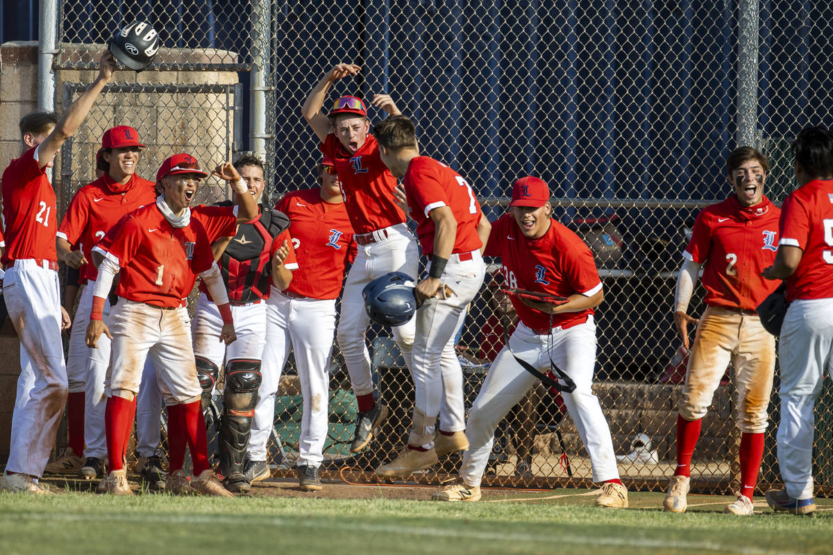 Liberty runner Chase Gallegos (7) is celebrated by teammates after scoring versus Arbor View d ...