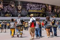 Golden Knights begin to trickle in before the first period of an NHL playoff game at the T-Mobi ...