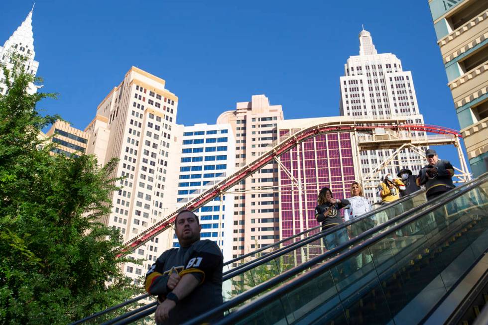 Golden Knights fans come to T-Mobile Arena from New York New York before an NHL playoff game be ...