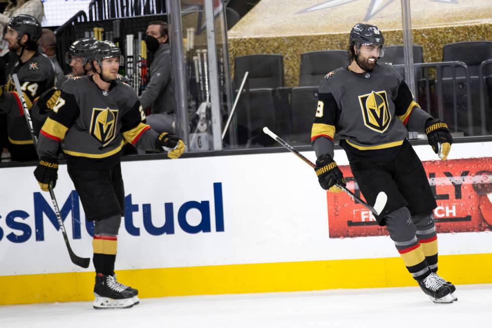 Golden Knights right wing Alex Tuch (89) celebrates after scoring his second goal of the night ...