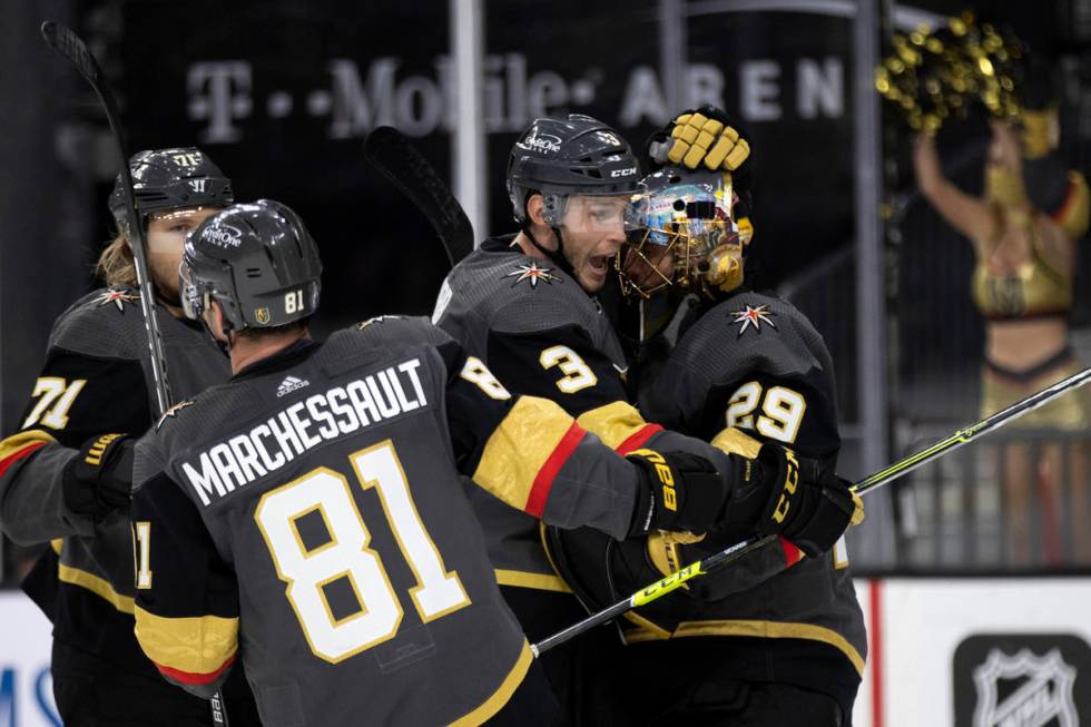 Golden Knights center William Karlsson (71), center Jonathan Marchessault (81), defenseman Bray ...