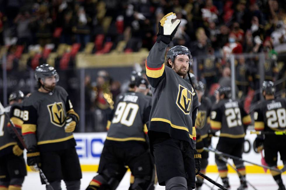 Golden Knights right wing Mark Stone (61) waves to the crowd after winning an NHL playoff game ...