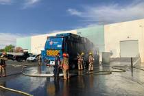 Crews battle a truck fire Wednesday, May 19, 2021, at 3210 E. Charleston Blvd. in Las Vegas. (L ...