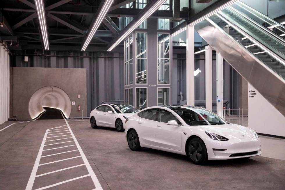 Central Station of the Boring Company’s Convention Center Loop is seen during a media to ...