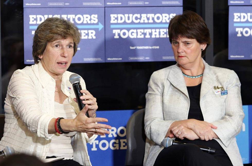 Randi Weingarten, president of American Federation of Teachers, left, and Anne Holton, wife of ...