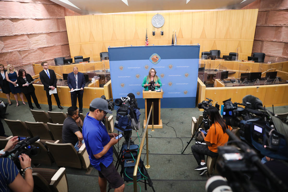 Clark County Commission chairman Marilyn Kirkpatrick speaks at a press conference to unveil a p ...
