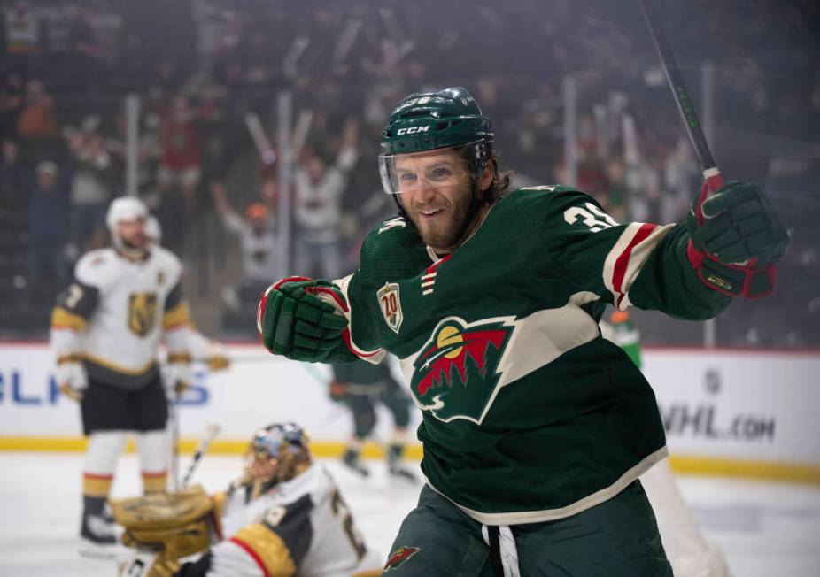 Minnesota Wild right wing Ryan Hartman celebrates his first-period goal against the Vegas Golde ...