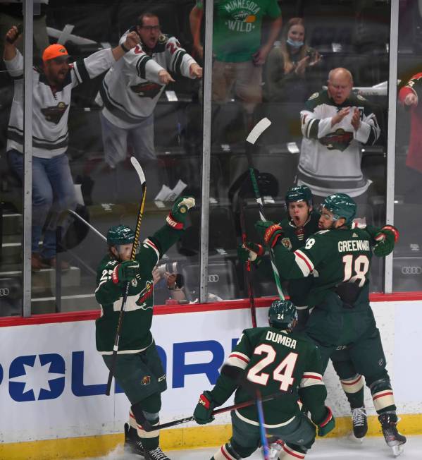 Minnesota Wild center Joel Eriksson Ek, second from right, celebrates his goal against the Vega ...