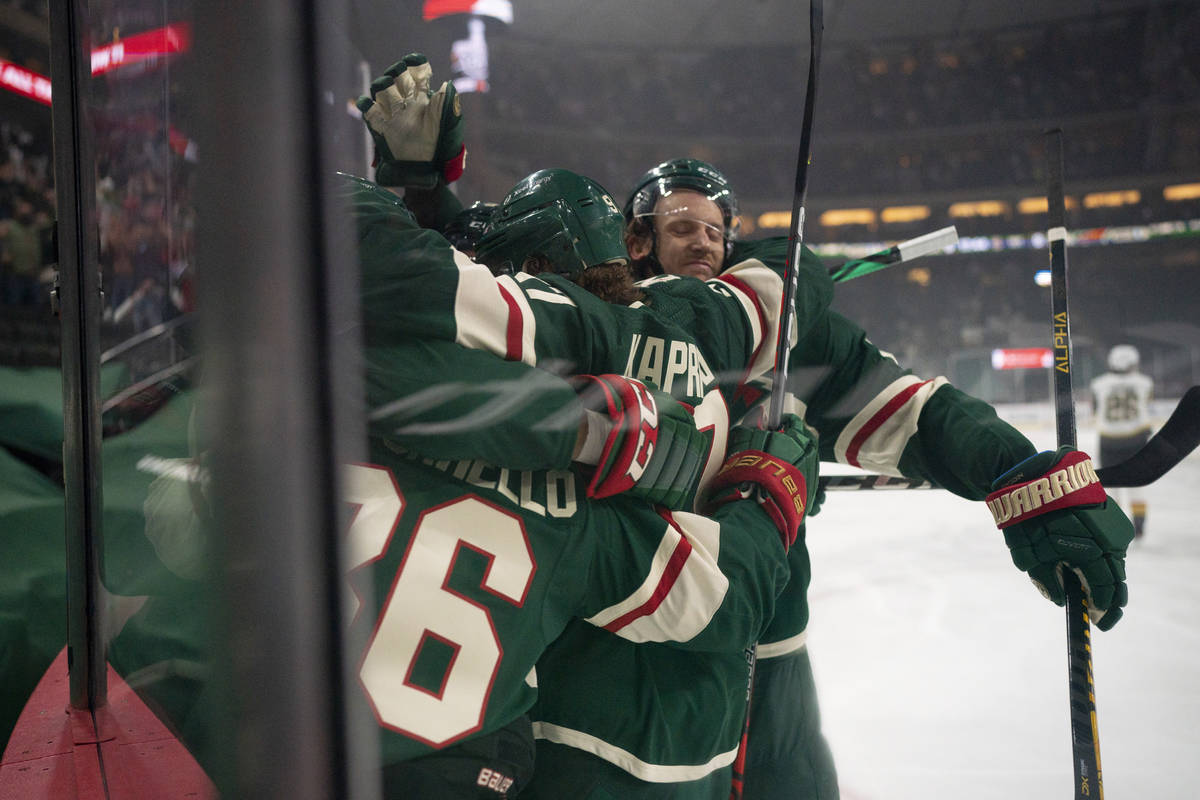 Minnesota Wild right wing Ryan Hartman (38) is congratulated for his goal against the Vegas Gol ...