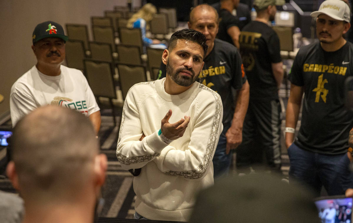 WBC and WBO junior welterweight champion Jose Ramirez during a news conference on Thursday, May ...