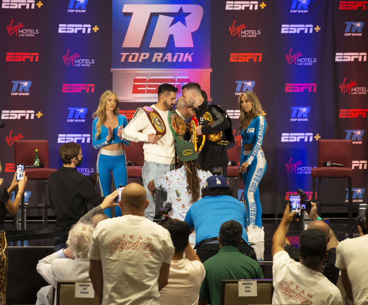 WBC and WBO junior welterweight champion Jose Ramirez, left, and WBA and IBF junior welterweigh ...